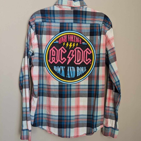 ACDC High Voltage Rock And Roll Music Band Custom Flannel Button Down Shirt Sz L - Picture 1 of 6